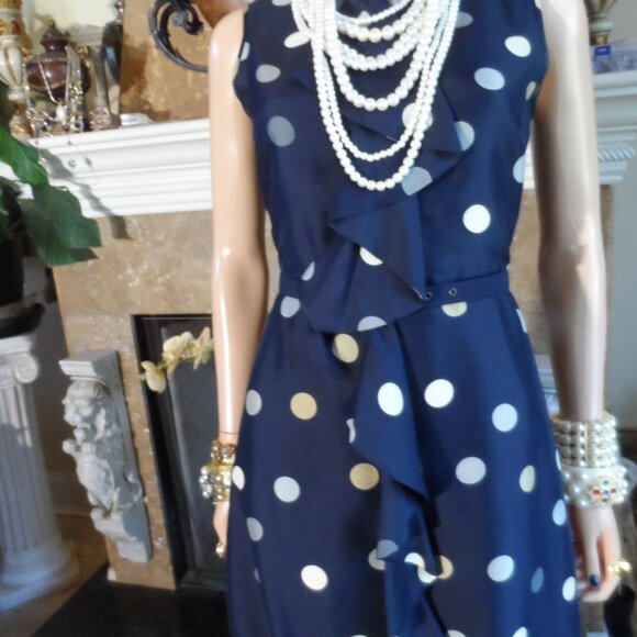 Kate Spade Navy Blue Multi Polka Dot Belted A Line Dress w/Front Ruffle Size 0 - Picture 12 of 16